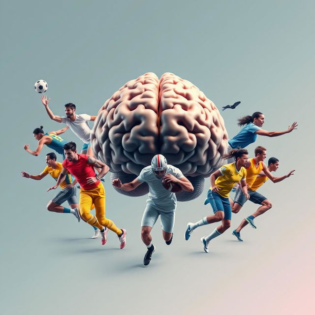 An artistic representation of a human brain at the center, surrounded by a diverse group of male and female sports players in dynamic action poses