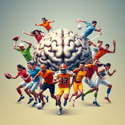 An artistic representation of a human brain at the center, surrounded by a diverse group of male and female sports players in dynamic action poses