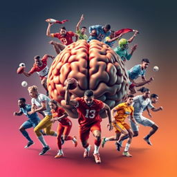 An artistic representation of a human brain at the center, surrounded by a diverse group of male and female sports players in dynamic action poses