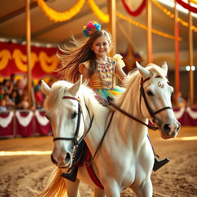 A young girl with long brown hair riding a white circus horse on a sandy circus track, surrounded by bright, warm light