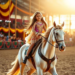A young girl with long brown hair riding a white circus horse on a sandy circus track, surrounded by bright, warm light