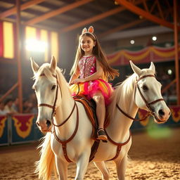 A young girl with long brown hair riding a white circus horse on a sandy circus track, surrounded by bright, warm light