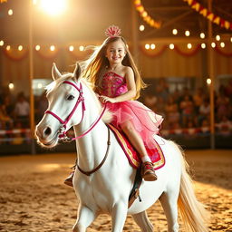 A young girl with long brown hair riding a white circus horse on a sandy circus track, surrounded by bright, warm light