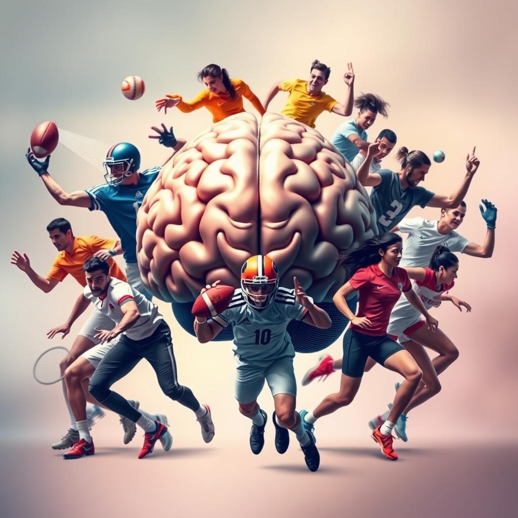 An artistic representation of a human brain at the center, surrounded by a diverse group of male and female sports players in action-packed poses