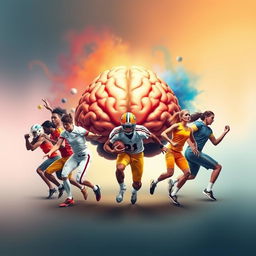 An artistic representation of a human brain at the center, surrounded by a diverse group of male and female sports players in action-packed poses