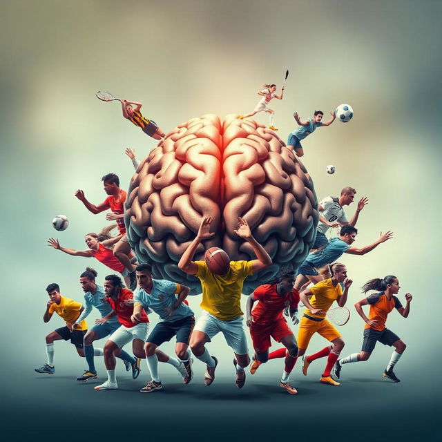 An artistic representation of a human brain at the center, surrounded by a diverse group of male and female sports players in action-packed poses