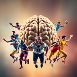 An artistic representation of a human brain at the center, surrounded by a diverse group of male and female sports players in action-packed poses