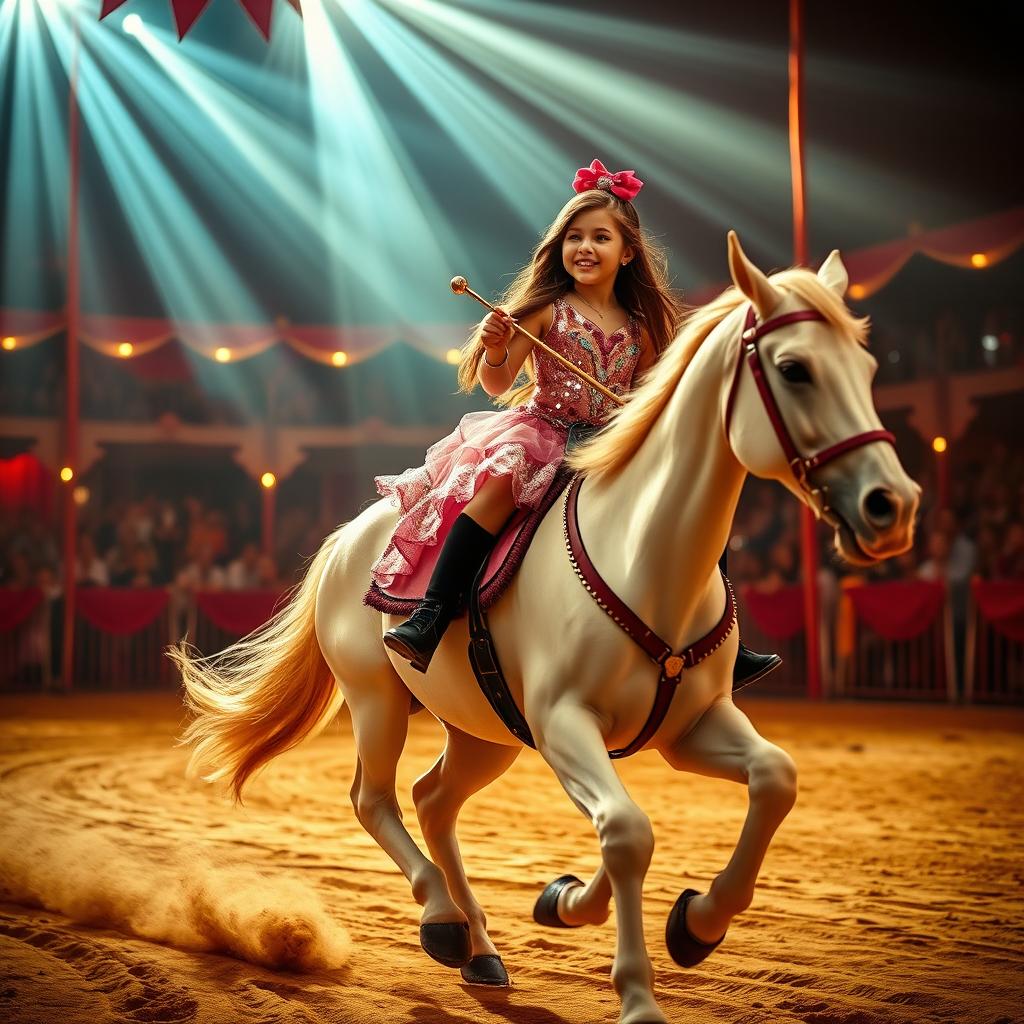 A young girl with long brown hair riding a white circus horse on a sandy circus track, illuminated by bright beams of light