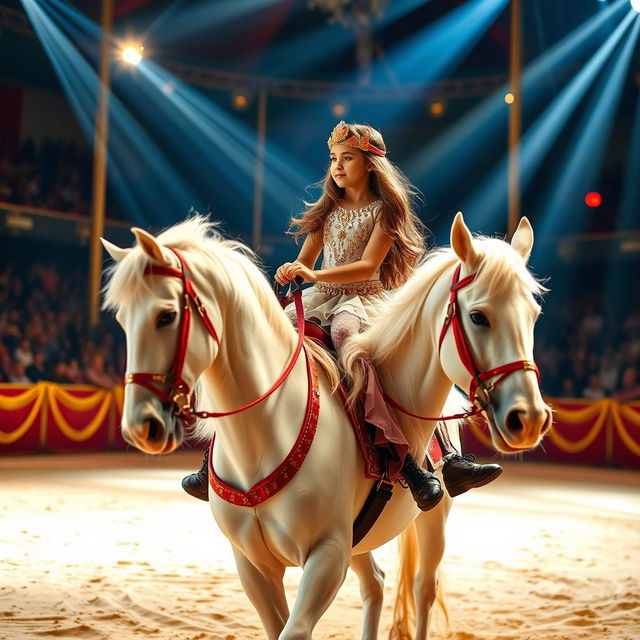 A young girl with long brown hair riding a white circus horse on a sandy circus track, illuminated by bright beams of light