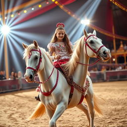A young girl with long brown hair riding a white circus horse on a sandy circus track, illuminated by bright beams of light