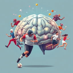 A conceptual illustration of a human brain prominently displayed, showcasing psychological connections with vibrant lines or neural pathways leading to male and female sports players