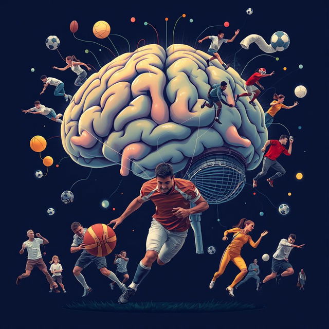 A conceptual illustration of a human brain prominently displayed, showcasing psychological connections with vibrant lines or neural pathways leading to male and female sports players