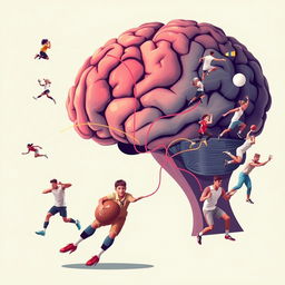 A conceptual illustration of a human brain prominently displayed, showcasing psychological connections with vibrant lines or neural pathways leading to male and female sports players