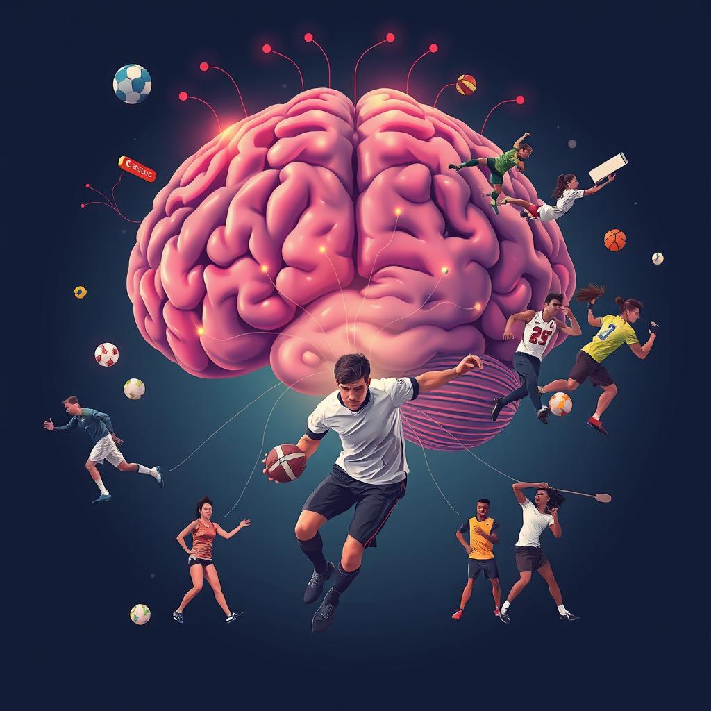 A conceptual illustration of a human brain prominently displayed, showcasing psychological connections with vibrant lines or neural pathways leading to male and female sports players