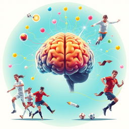 A creative illustration of a human brain prominently displayed at the center, with vibrant psychological connections represented by colorful neural pathways extending outward