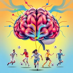A creative illustration of a human brain prominently displayed at the center, with vibrant psychological connections represented by colorful neural pathways extending outward