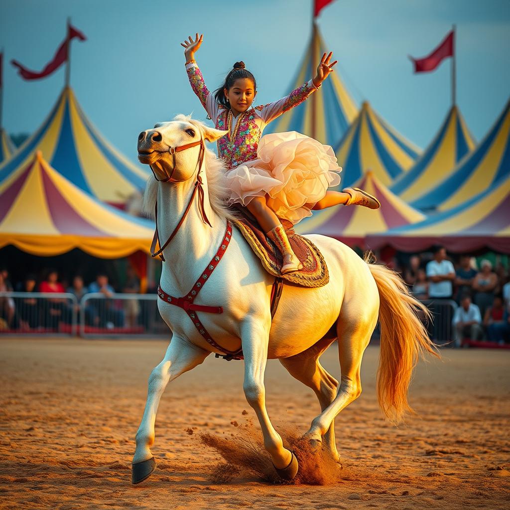 A powerful white draft horse being ridden by a young circus performer executing an impressive acrobatic move on a sandy circus track