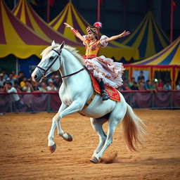 A powerful white draft horse being ridden by a young circus performer executing an impressive acrobatic move on a sandy circus track