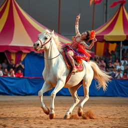 A powerful white draft horse being ridden by a young circus performer executing an impressive acrobatic move on a sandy circus track