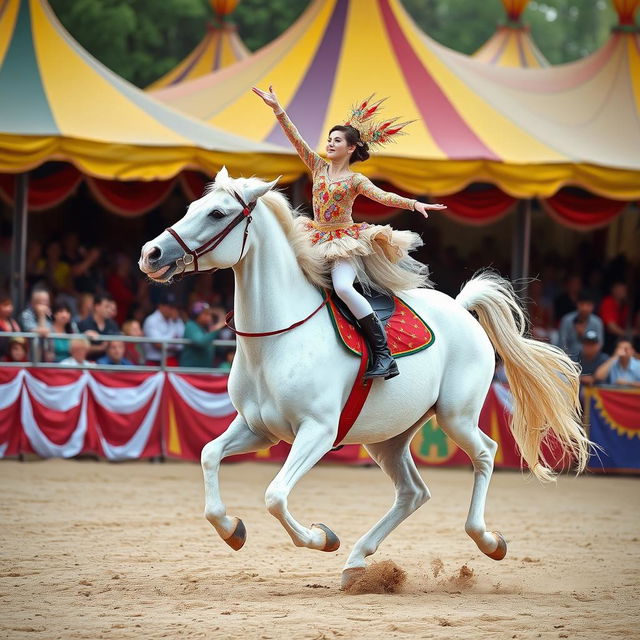 A powerful white draft horse being ridden by a young circus performer executing an impressive acrobatic move on a sandy circus track