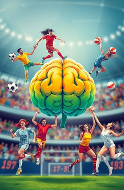 A vibrant and energetic scene featuring a stylized human brain at the center, surrounded by a diverse group of male and female sports players in dynamic poses