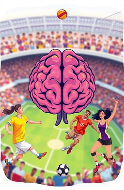 A vibrant and energetic scene featuring a stylized human brain at the center, surrounded by a diverse group of male and female sports players in dynamic poses