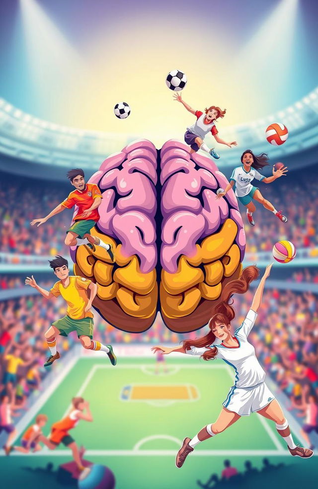 A vibrant and energetic scene featuring a stylized human brain at the center, surrounded by a diverse group of male and female sports players in dynamic poses