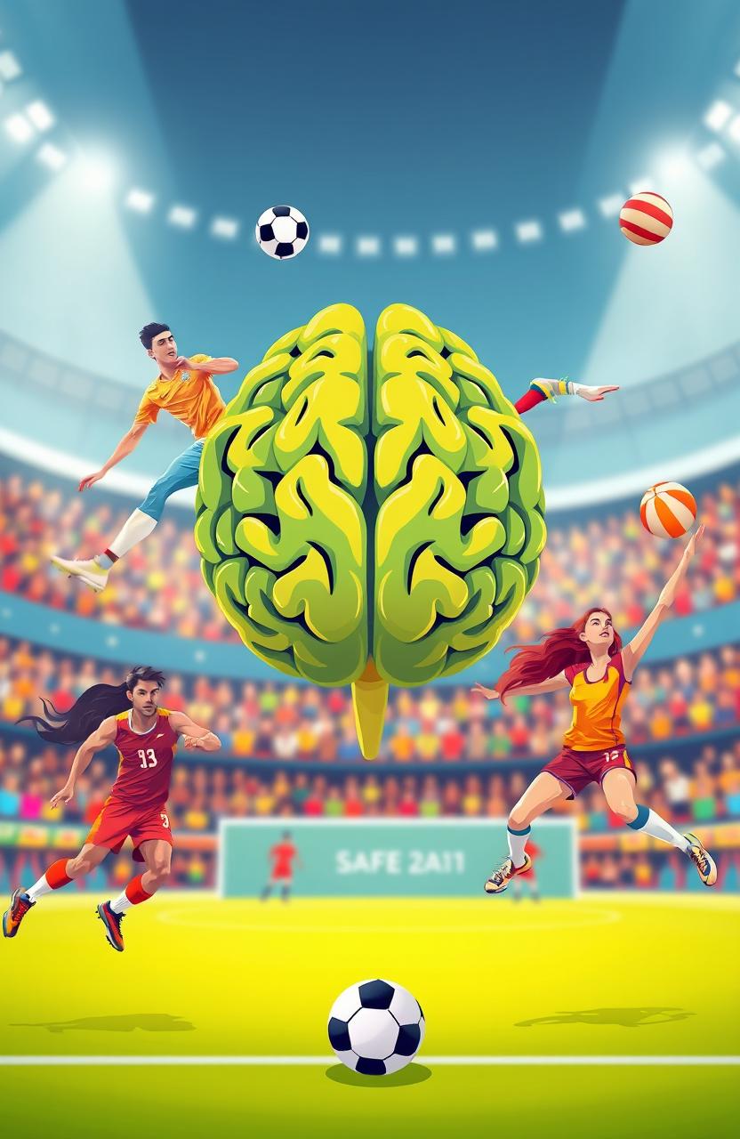 A vibrant and energetic scene featuring a stylized human brain at the center, surrounded by a diverse group of male and female sports players in dynamic poses