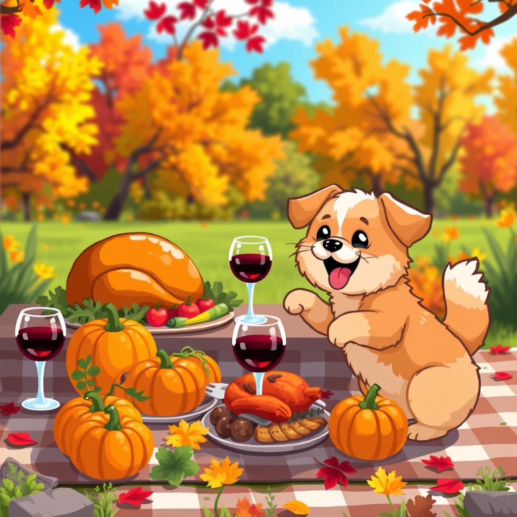 An enchanting outdoor Thanksgiving scene featuring a cute pixel art pet (a playful dog or cat) joyfully interacting with a colorful spread of Thanksgiving essentials