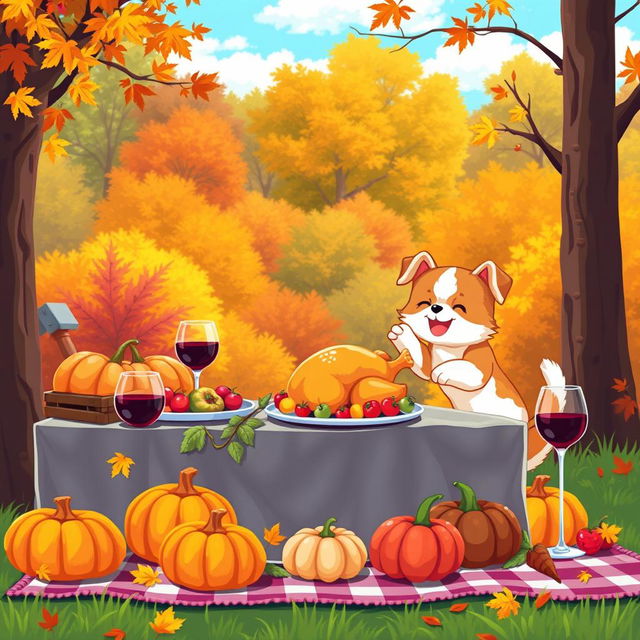 An enchanting outdoor Thanksgiving scene featuring a cute pixel art pet (a playful dog or cat) joyfully interacting with a colorful spread of Thanksgiving essentials