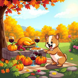 An enchanting outdoor Thanksgiving scene featuring a cute pixel art pet (a playful dog or cat) joyfully interacting with a colorful spread of Thanksgiving essentials