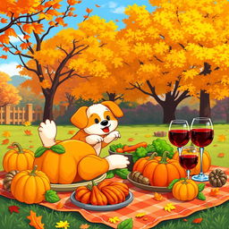 An enchanting outdoor Thanksgiving scene featuring a cute pixel art pet (a playful dog or cat) joyfully interacting with a colorful spread of Thanksgiving essentials