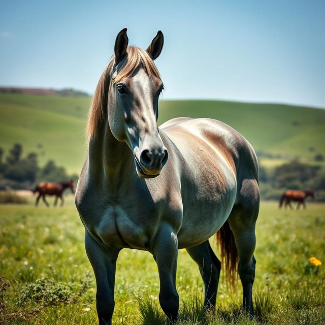 A majestic gray Percheron horse standing proudly in a lush green pasture