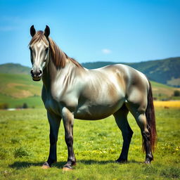 A majestic gray Percheron horse standing proudly in a lush green pasture