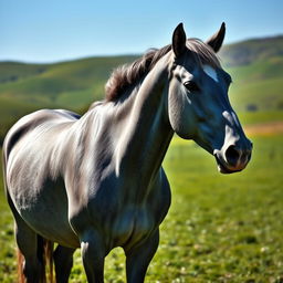 A majestic gray Percheron horse standing proudly in a lush green pasture