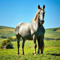 A majestic gray Percheron horse standing proudly in a lush green pasture