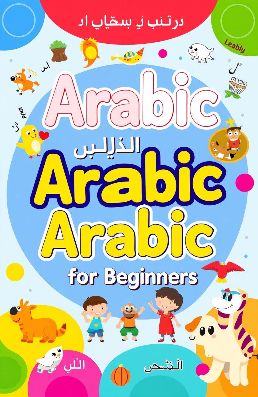 A colorful and engaging children's book cover designed to teach Arabic language for beginners, featuring playful illustrations that represent the alphabet, basic vocabulary, and common phrases in Arabic