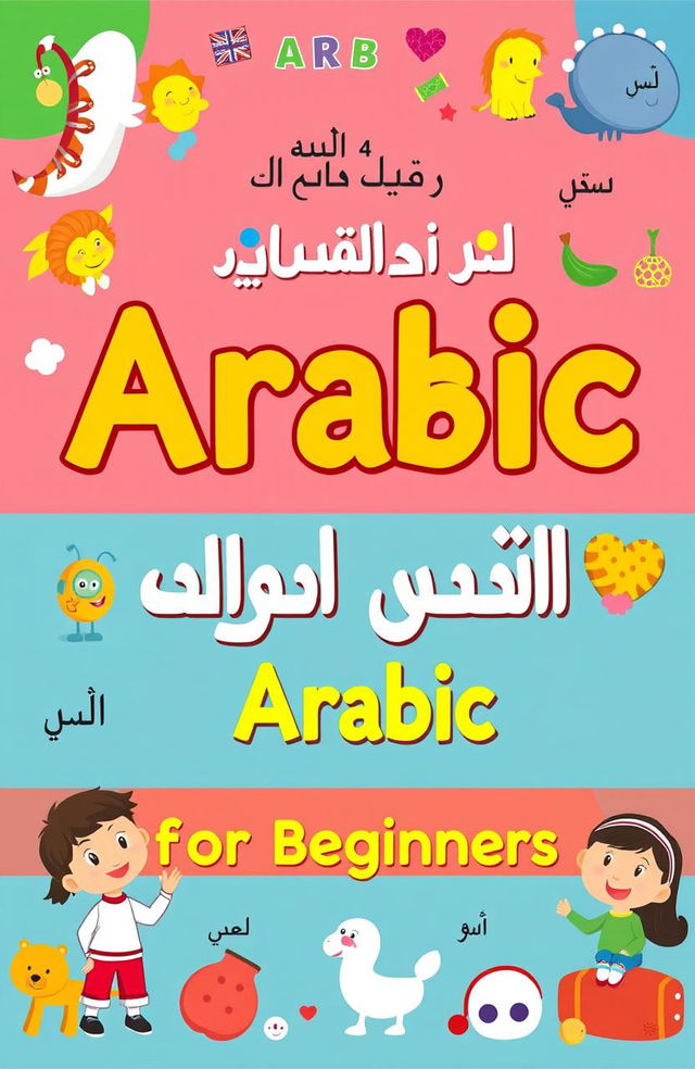 A colorful and engaging children's book cover designed to teach Arabic language for beginners, featuring playful illustrations that represent the alphabet, basic vocabulary, and common phrases in Arabic