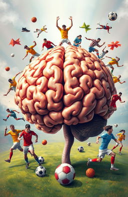 A depiction of a large, detailed human brain surrounded by various athletes in dynamic poses, illustrating the connection between sports and psychology