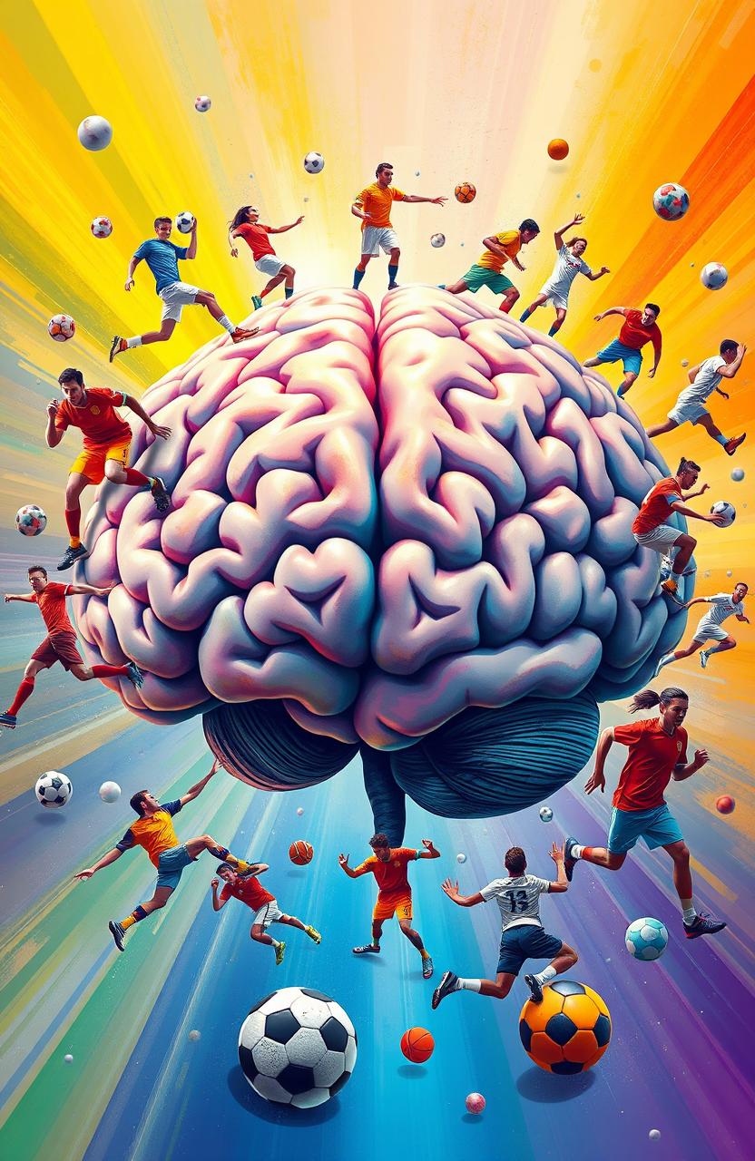 A depiction of a large, detailed human brain surrounded by various athletes in dynamic poses, illustrating the connection between sports and psychology