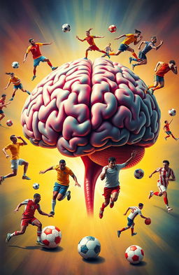 A depiction of a large, detailed human brain surrounded by various athletes in dynamic poses, illustrating the connection between sports and psychology