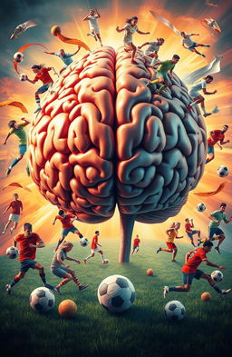 A depiction of a large, detailed human brain surrounded by various athletes in dynamic poses, illustrating the connection between sports and psychology