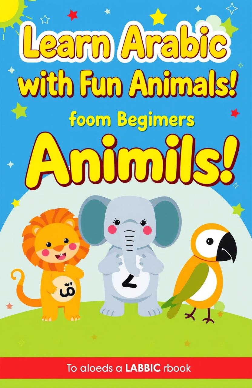 A colorful and engaging book cover for a children's Arabic language learning book for beginners