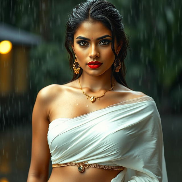 A seductive Indian model wearing a wet Kerala style white saree, drenched in the rain