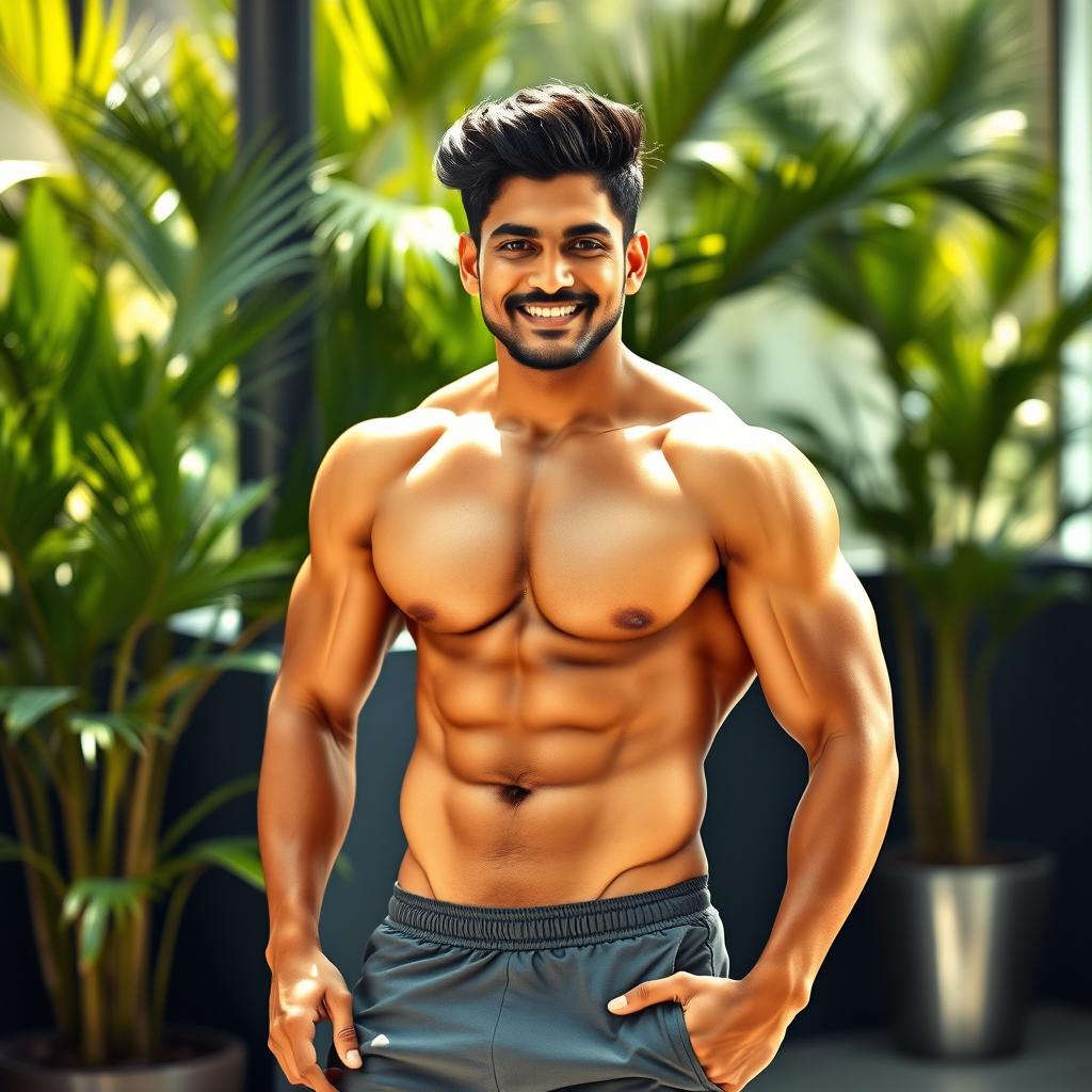 A confident, muscular Indian man, showcasing his physique with well-defined muscles and a playful expression