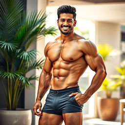 A confident, muscular Indian man, showcasing his physique with well-defined muscles and a playful expression