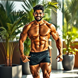 A confident, muscular Indian man, showcasing his physique with well-defined muscles and a playful expression