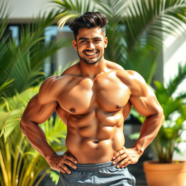 A confident, muscular Indian man, showcasing his physique with well-defined muscles and a playful expression