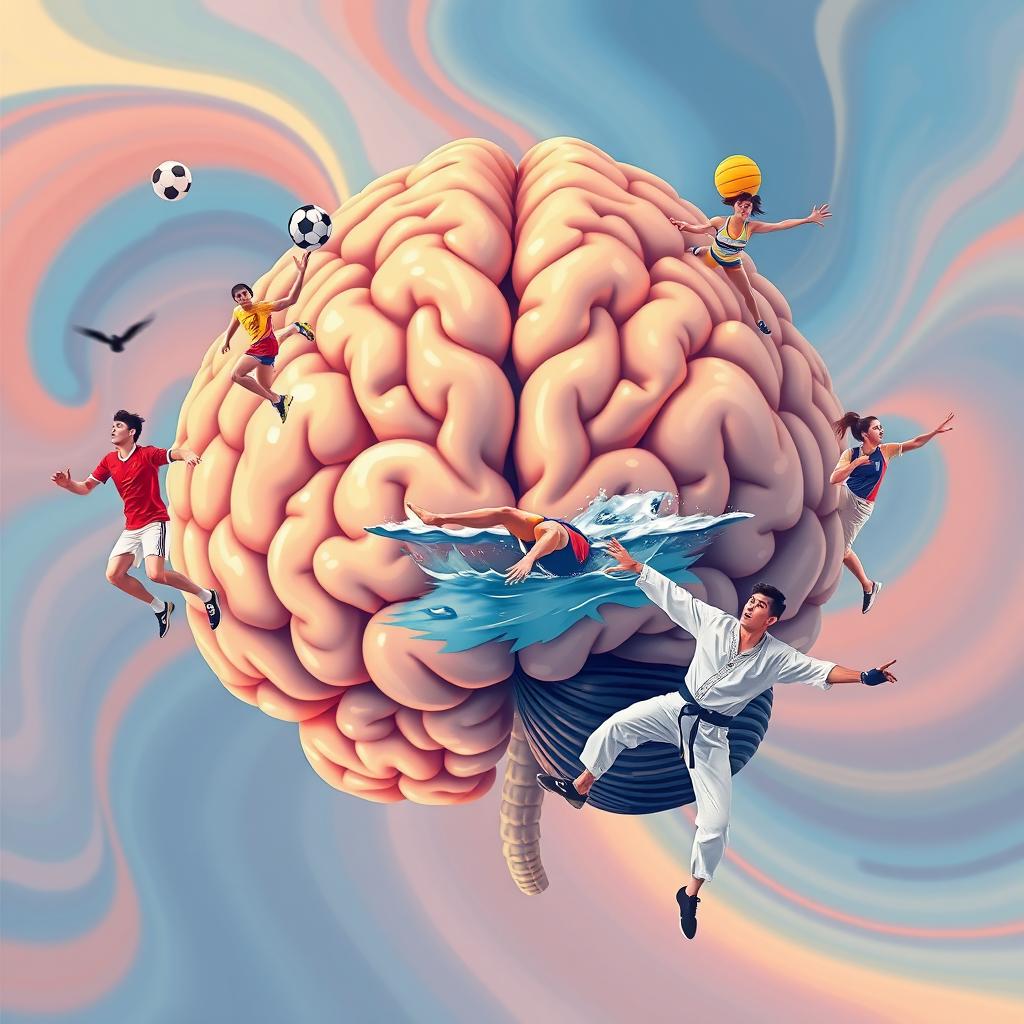 An imaginative illustration of a large, detailed human brain surrounded by diverse athletes representing various sports: a soccer player in action, a volleyball player jumping to spike, a squash player poised to hit, a swimmer diving into water, and a taekwondo practitioner performing a high kick