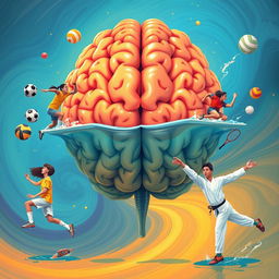 An imaginative illustration of a large, detailed human brain surrounded by diverse athletes representing various sports: a soccer player in action, a volleyball player jumping to spike, a squash player poised to hit, a swimmer diving into water, and a taekwondo practitioner performing a high kick